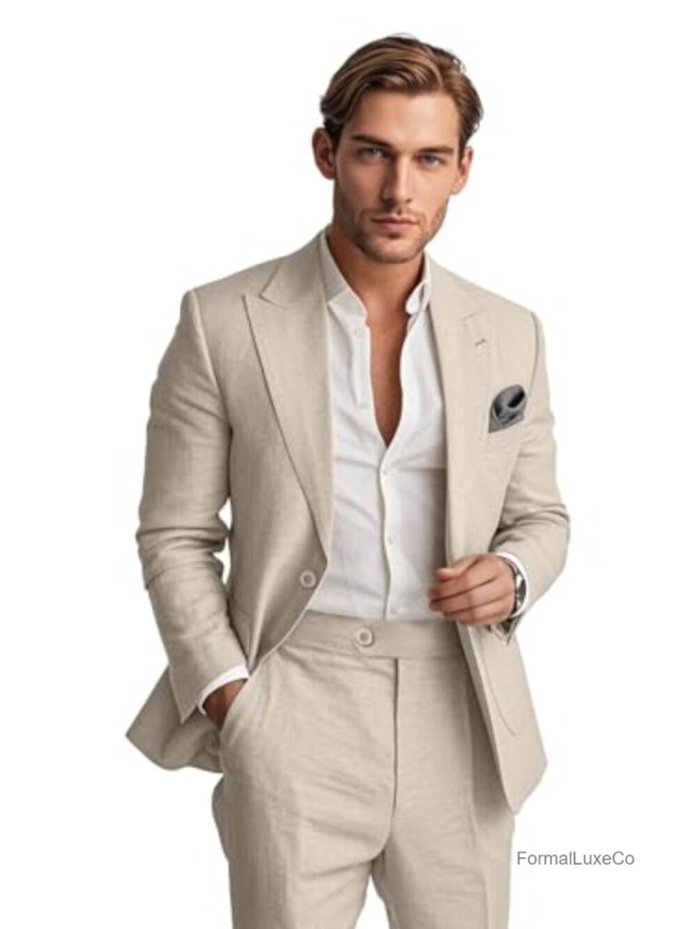 Men's 2 Piece Linen Suit Slim Fit Summer Business Casual Blazer & Pants
